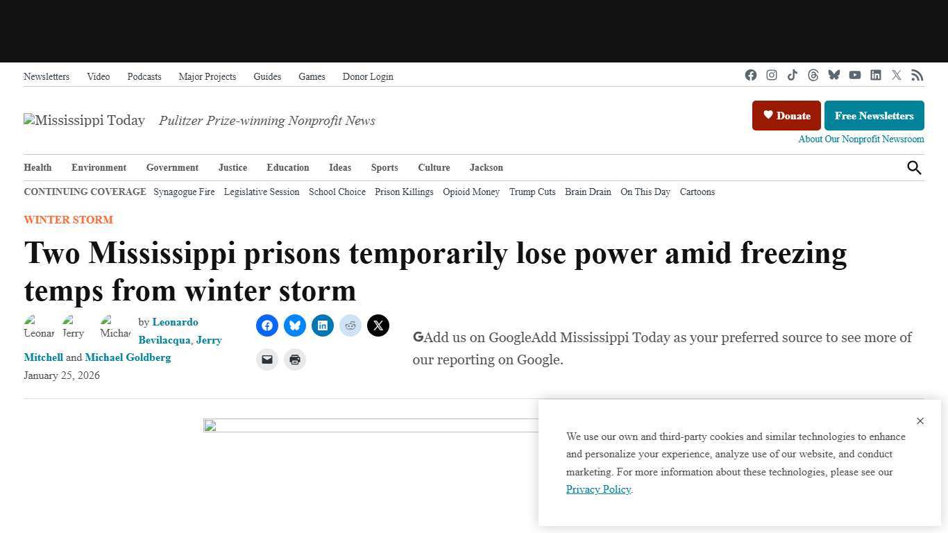 Two Mississippi prisons temporarily lose power in winter storm - Mississippi Today