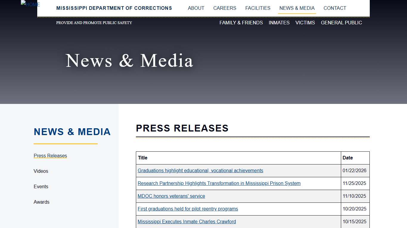 Press Releases Mississippi Department of Corrections